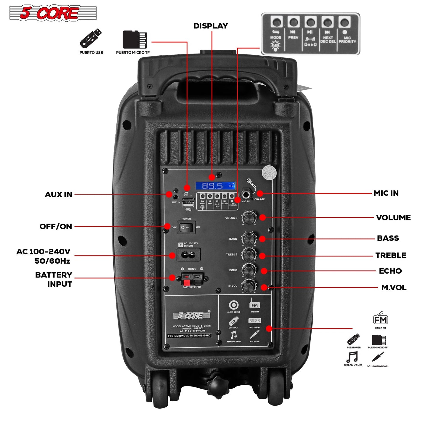 5Core 8 inch PA Portable Bluetooth Party Speaker Karaoke Boombox + 2