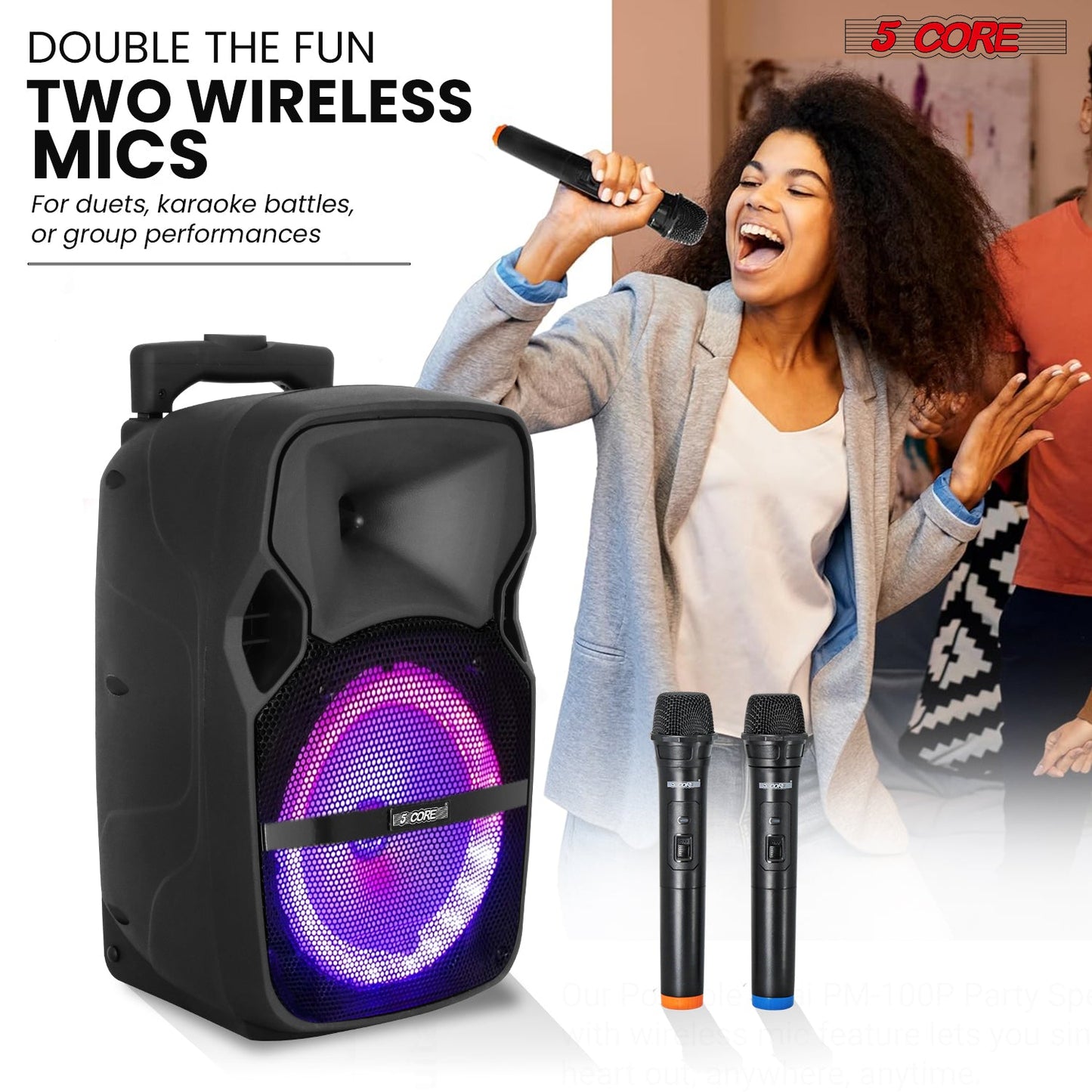 5Core 8 inch PA Portable Bluetooth Party Speaker Karaoke Boombox + 2