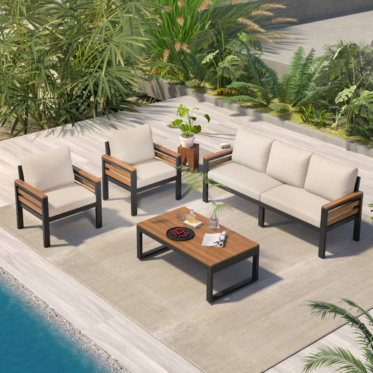 4-Piece Outdoor Furniture Sofa Set for 5 People with Acacia Wood
